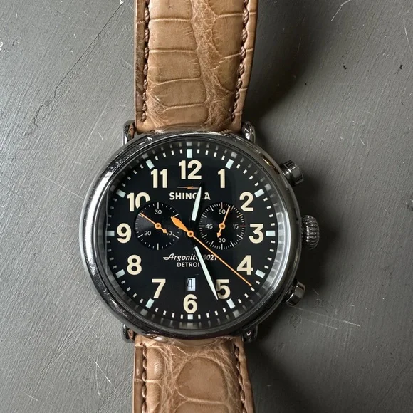 Shinola Runwell Chrono 47mm Black Tan Alligator Leather Watch AUTHENTIC